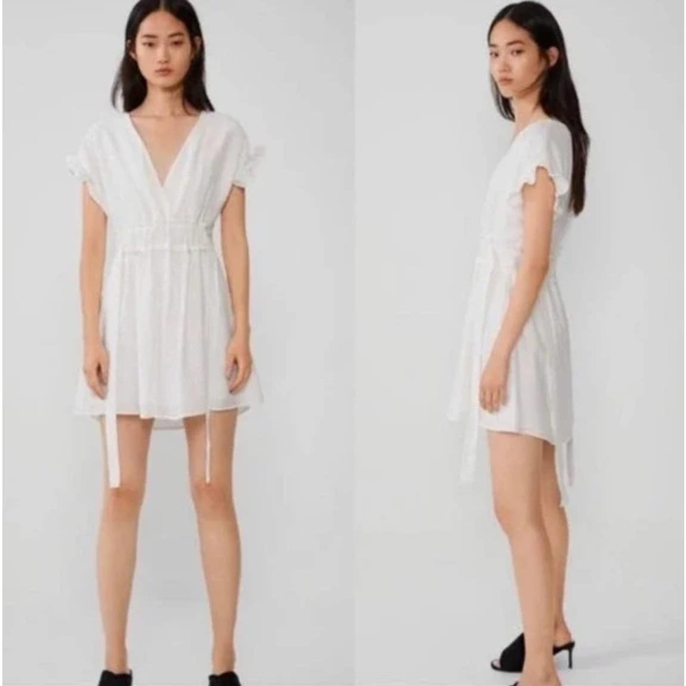 Zara V Neck Ruffle Sleeve Side Tie Mini Dress In White Size Small
